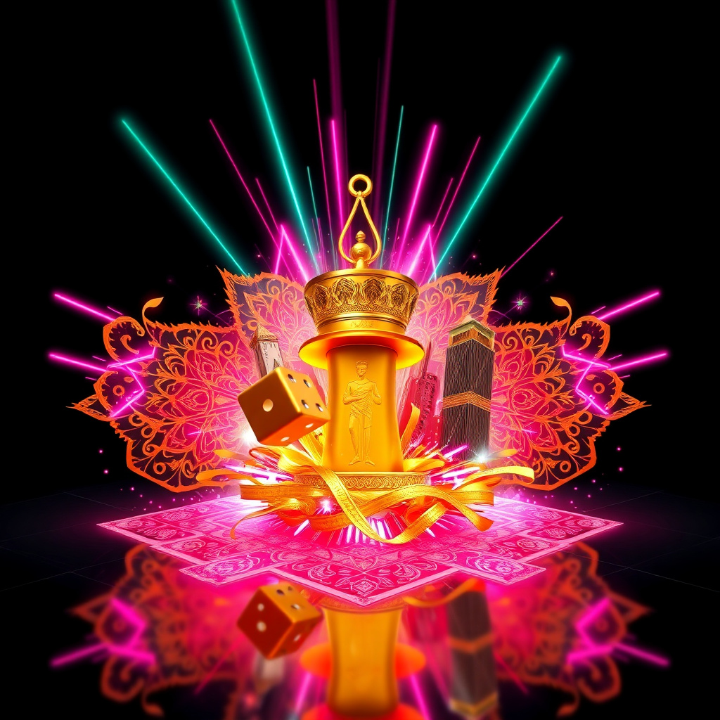 Dynamic 3D explosion of Monopoly game elements: a golden top hat, dice, and hotel pieces mixed with intricate traditional Indian mandala patterns in gold and silk, vibrant pink and teal neon energy trails, dark charcoal reflective background, high-tech ga